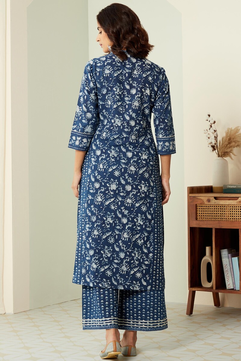 Indigo Hand Block-Printed Straight Cotton Kurta