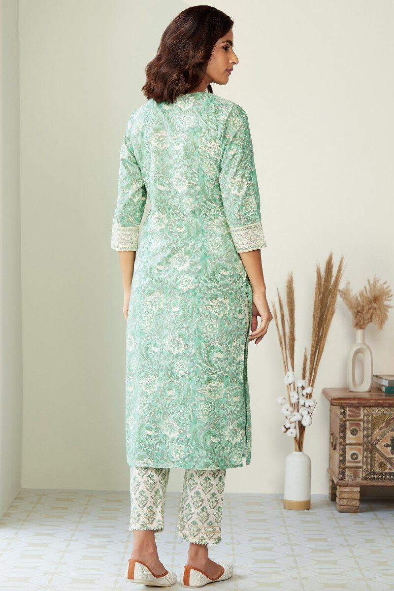 Green Hand Block-Printed Straight Cotton Kurta