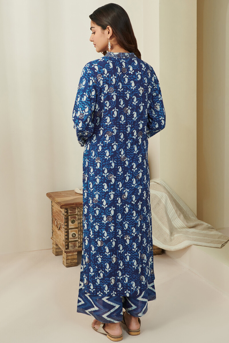 Indigo Hand Block-Printed Straight Viscose Kurta