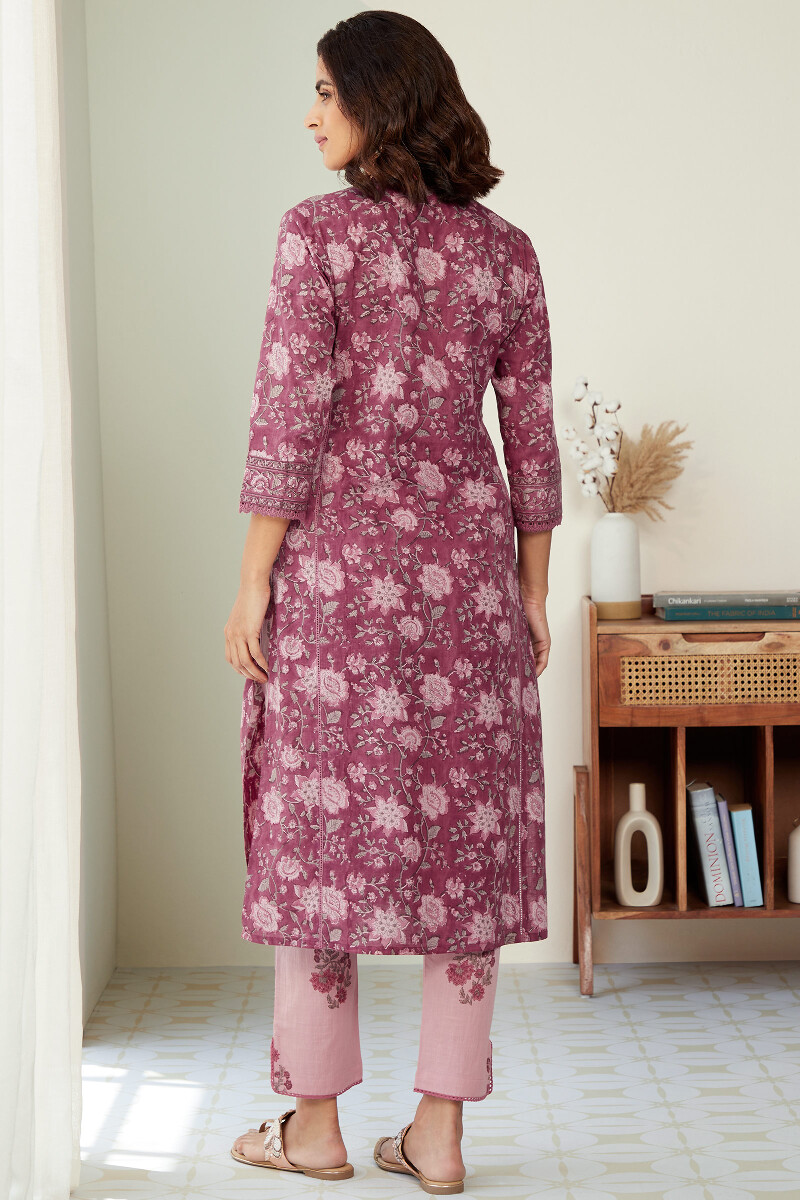 Purple Hand Block-Printed Straight Cotton Slub Kurta