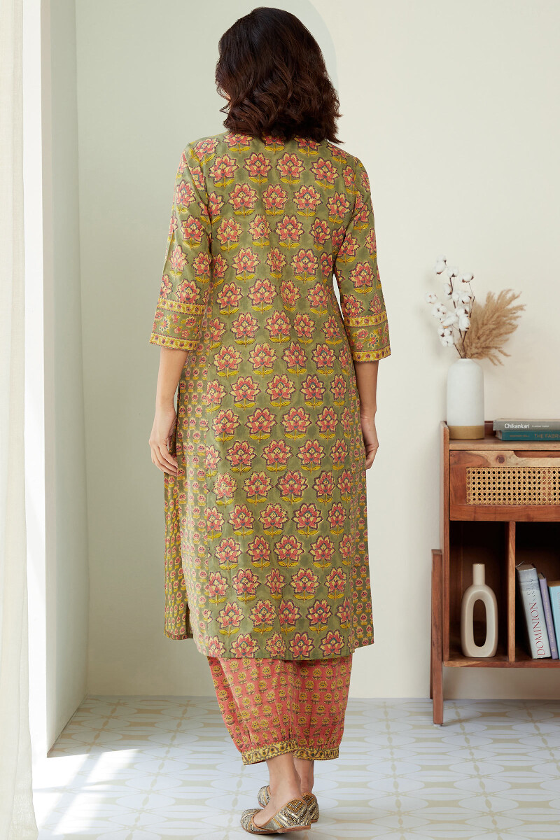 Olive Green Hand Block-Printed Straight Cotton Kurta