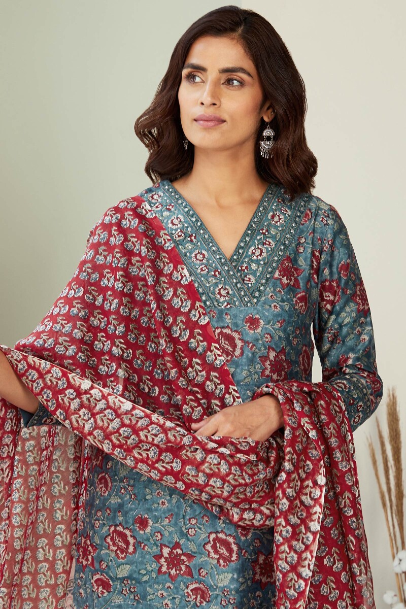 Blue Hand Block-Printed Straight Chanderi Kurta