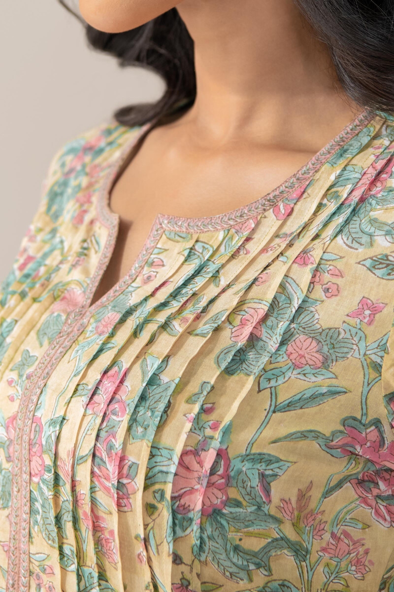 Yellow Hand Block-Printed Straight Cotton Kurta