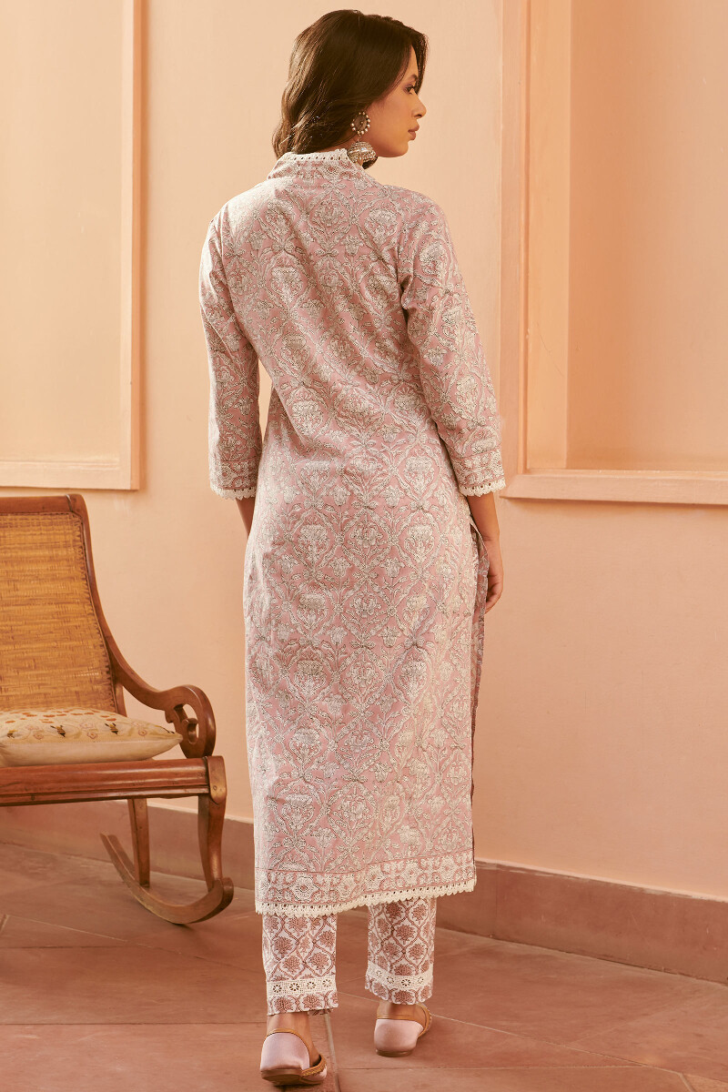 Pink Hand Block-Printed Straight Cotton Kurta