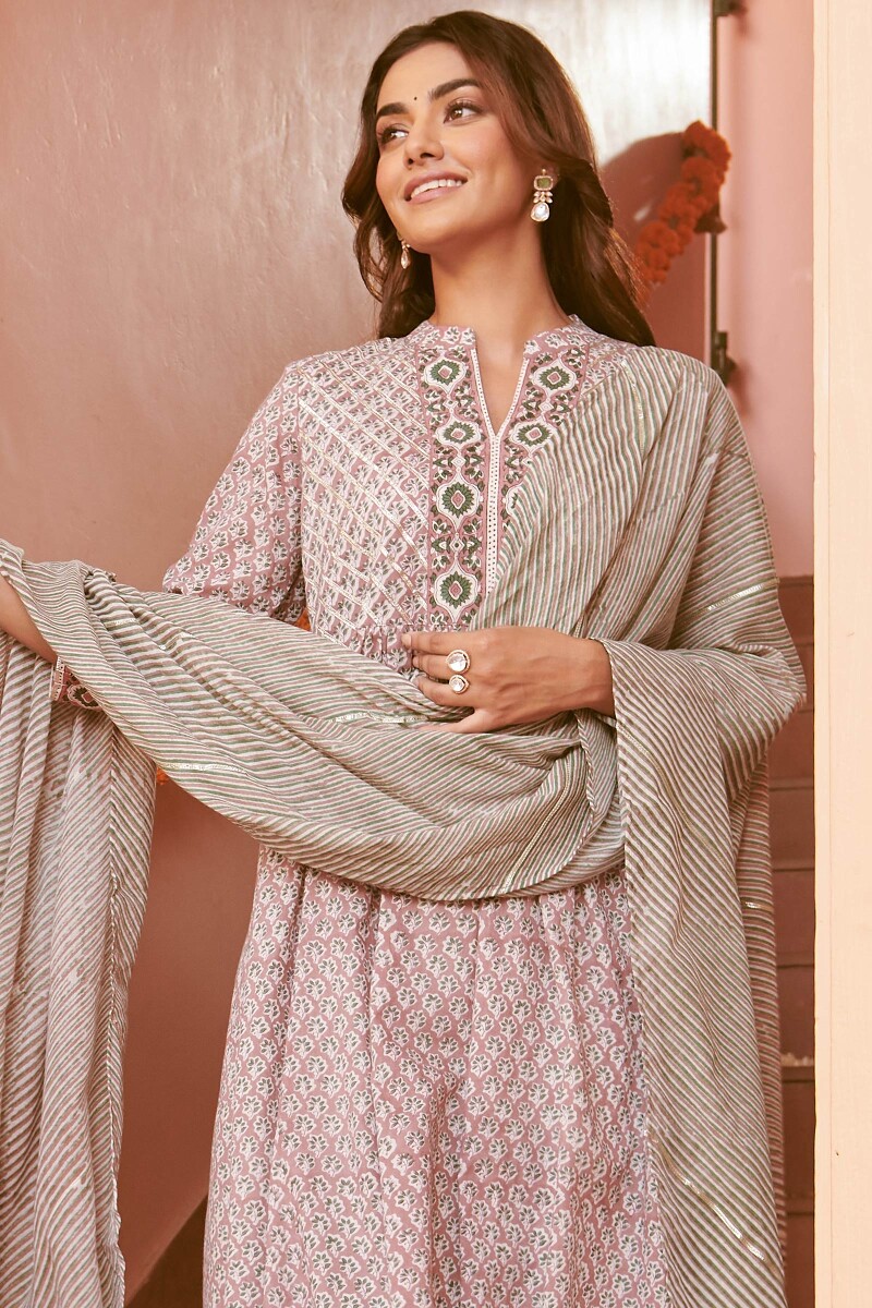 Brown Hand Block-Printed A-Line Cotton Mul Kurta