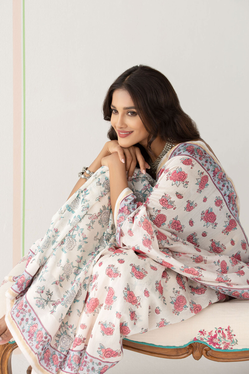 Sanganeri Hand Block-Printed Chanderi Saree