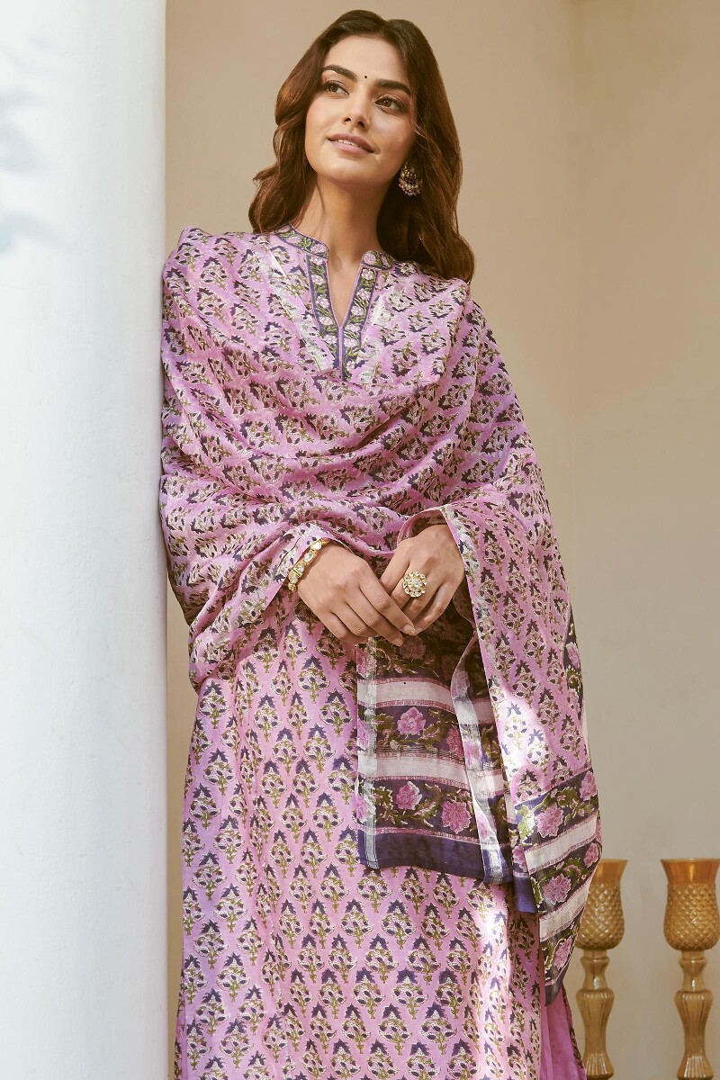 Purple Hand Block-Printed Straight Chanderi Kurta