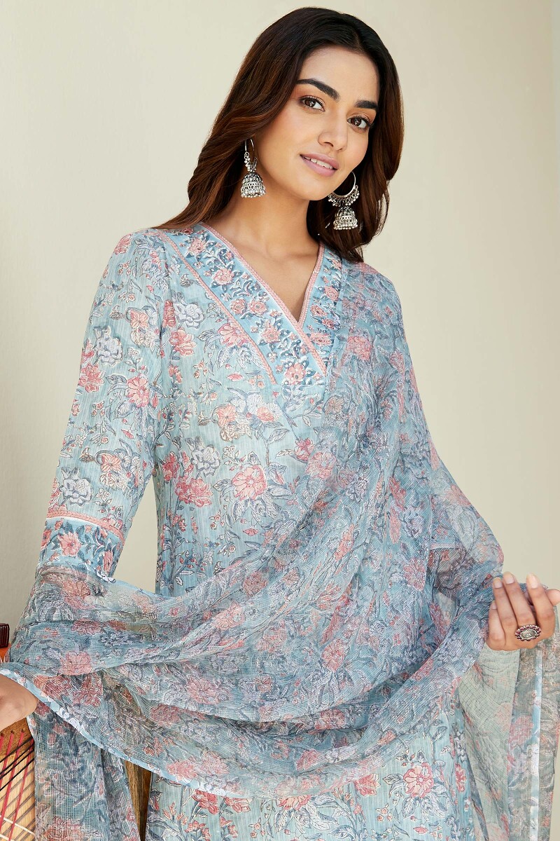 Blue Hand Block-Printed Straight Cotton Dobby Kurta