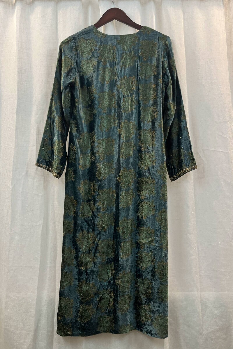 FG Specials: 1 of 1- Teal Handcrafted Straight Velvet Kurta