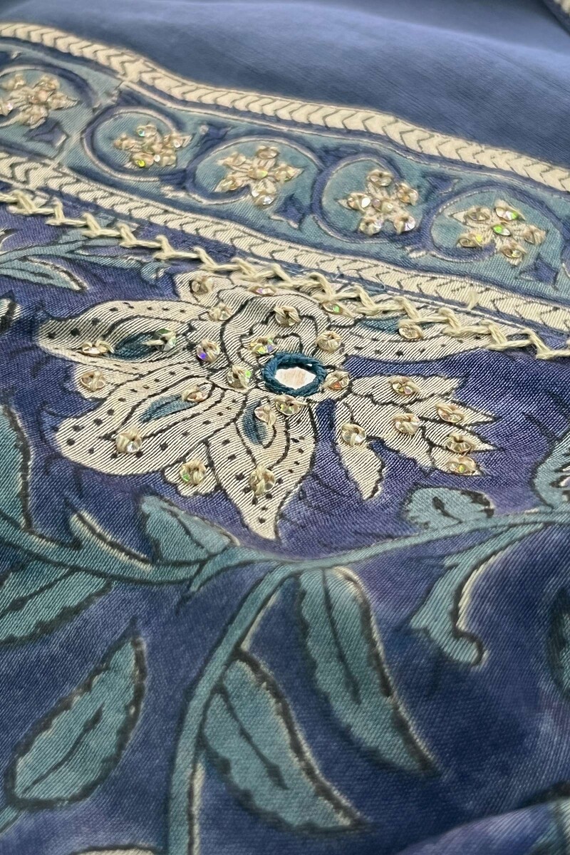 Blue Hand Block-Printed Straight Chanderi Kurta