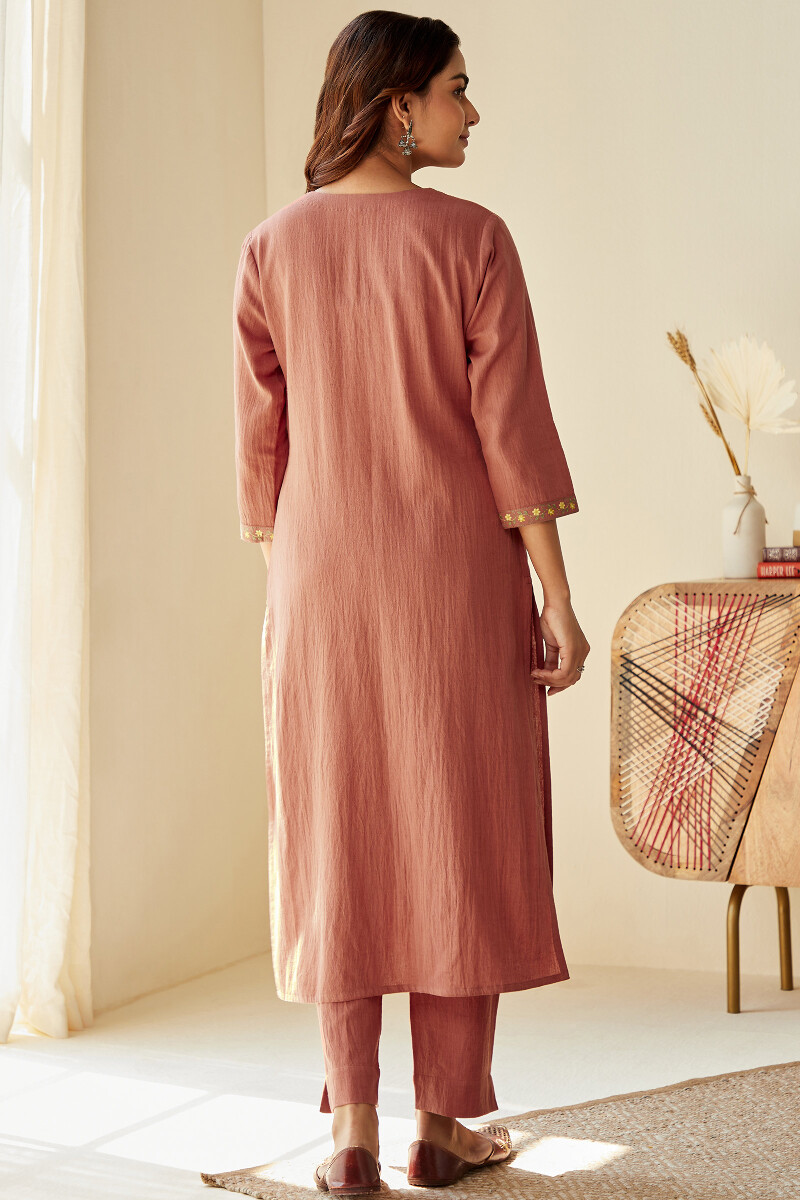 Peach Handcrafted Straight Cotton Flax Kurta
