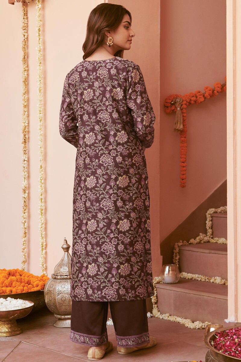 Brown Hand Block-Printed Straight Chanderi Kurta
