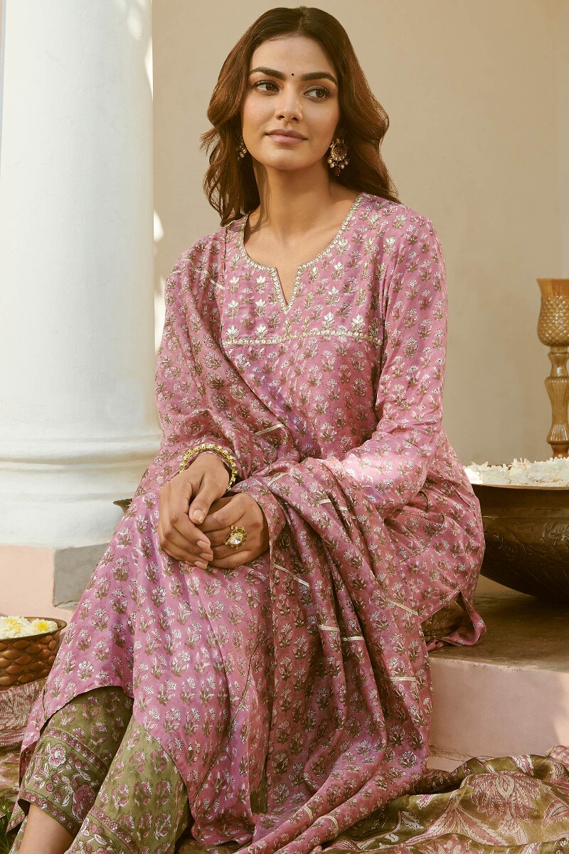 Purple Hand Block-Printed Straight Viscose Kurta
