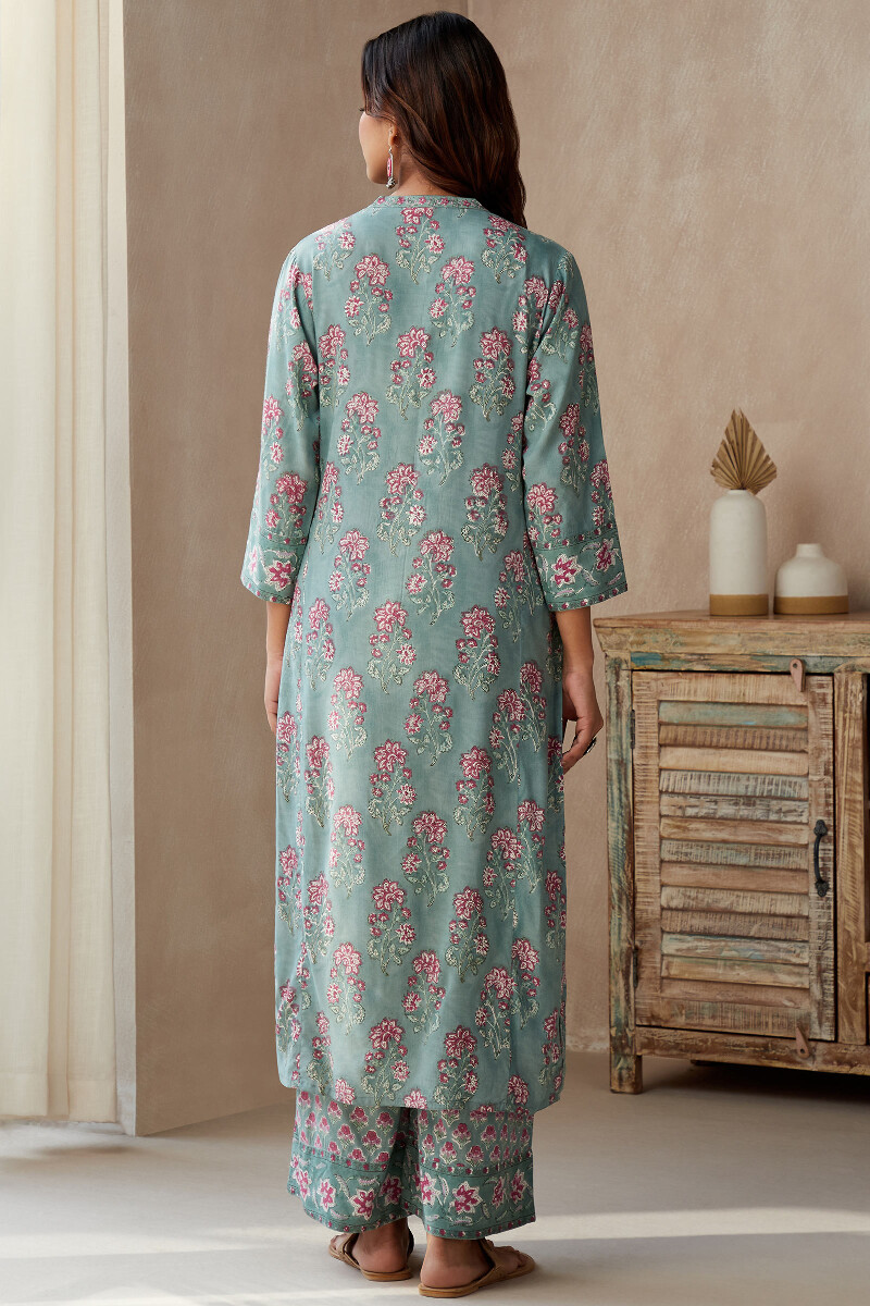 Green Hand Block-Printed Straight Viscose Kurta