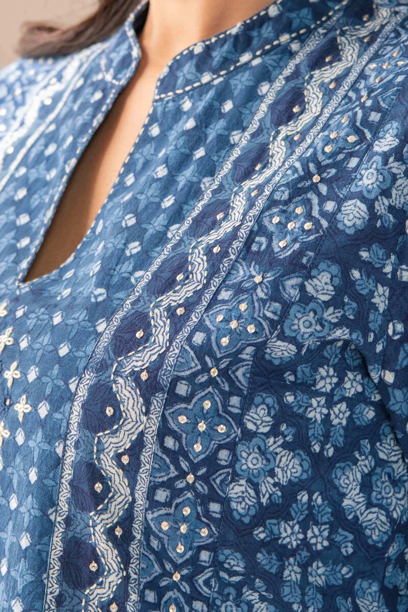 Indigo Hand Block-Printed Straight Cotton Slub Kurta