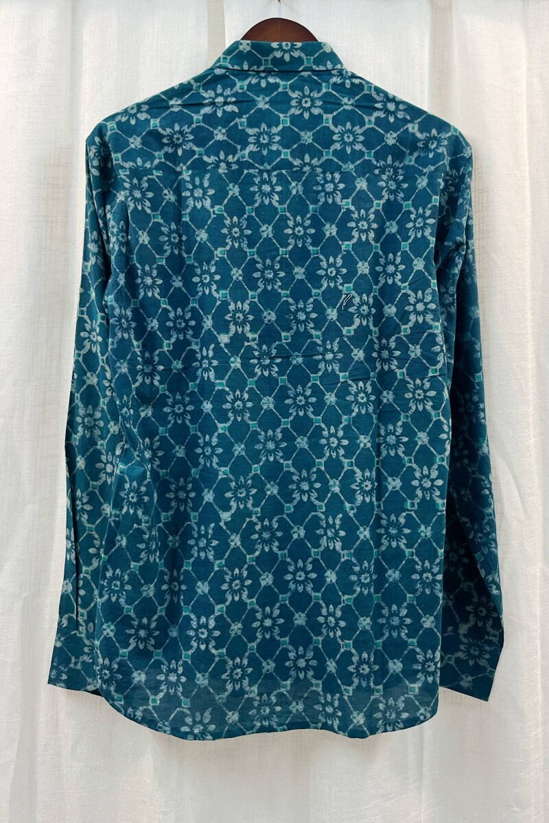 FG Specials: 1 Of 1- Men's Teal Hand Block-Printed Cotton Shirt