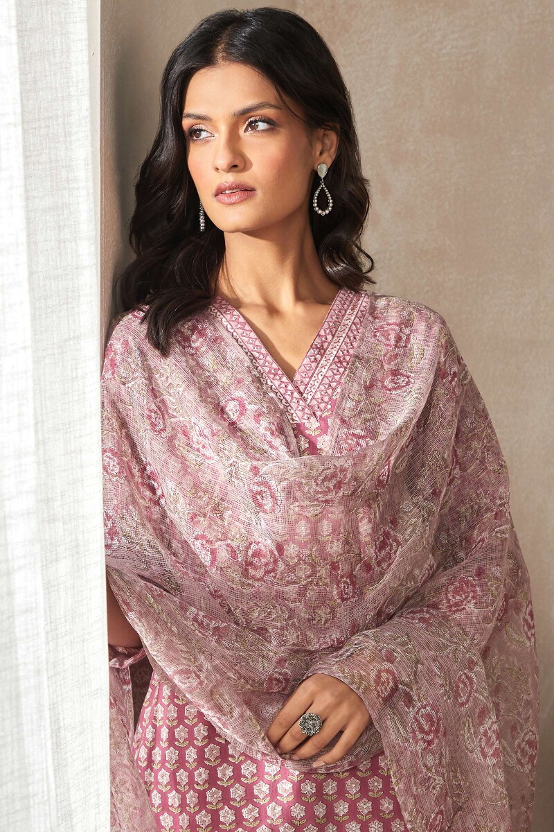 Purple Hand Block-Printed Straight Cotton Kurta