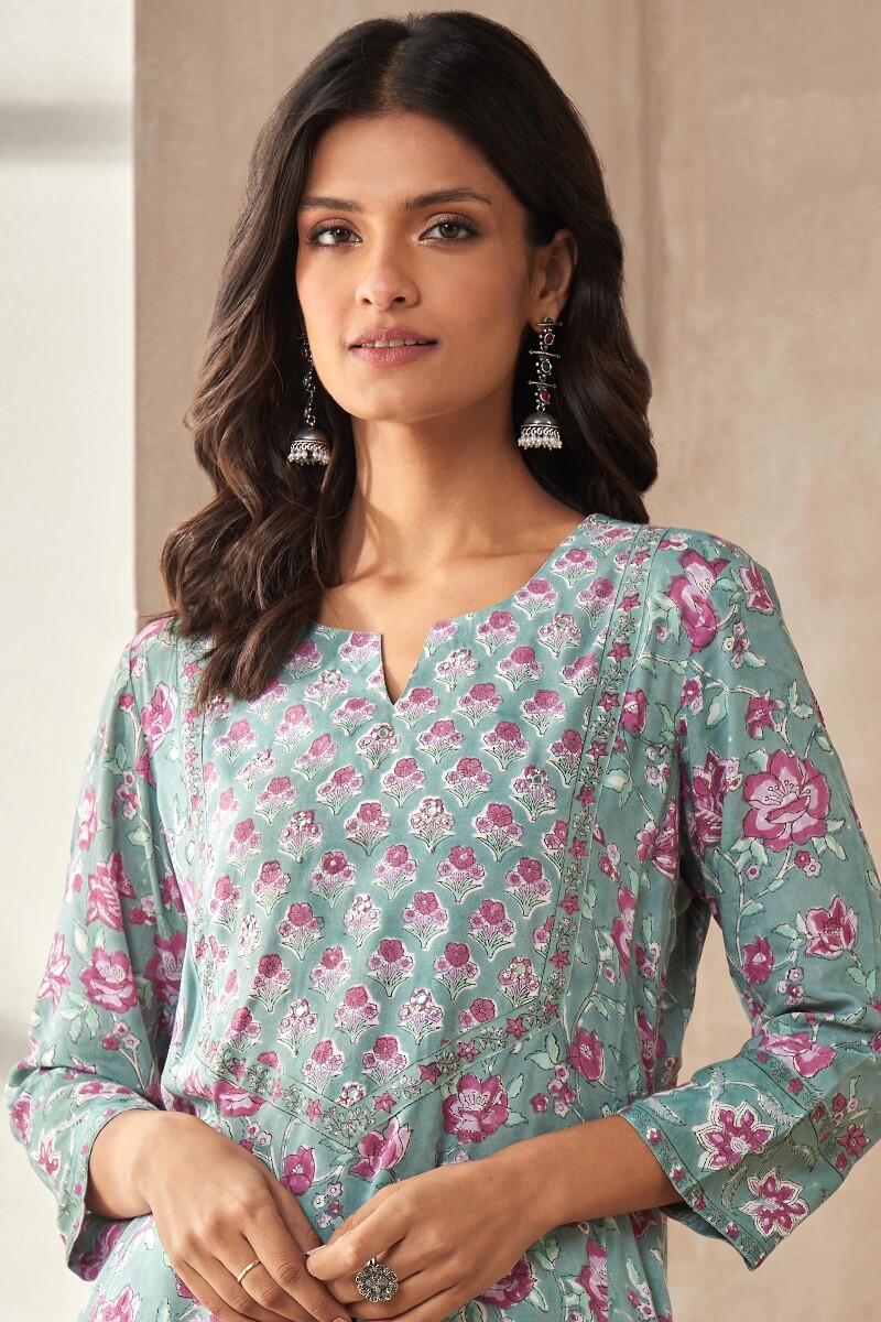 Green Hand Block-Printed Straight Viscose Kurta