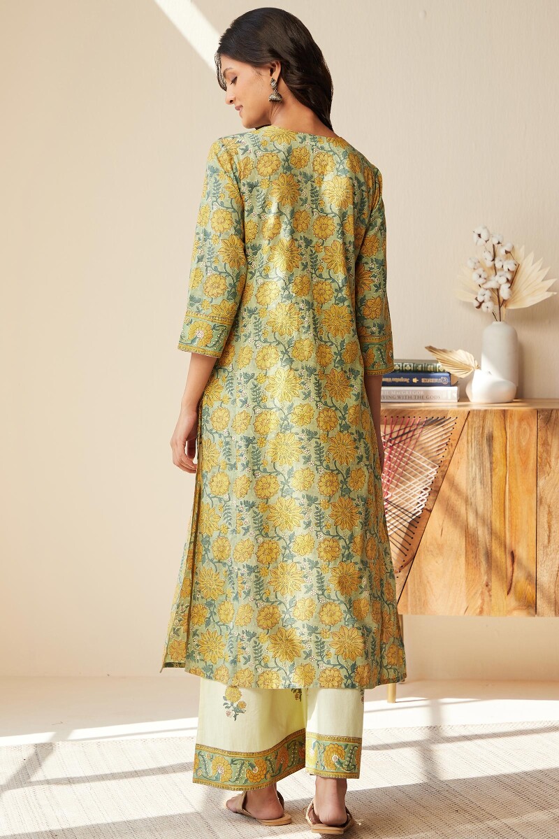 Green Hand Block-Printed Straight Cotton Kurta