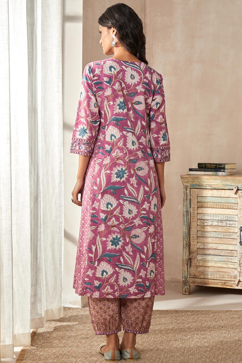 Purple Hand Block-Printed Straight Cotton Kurta