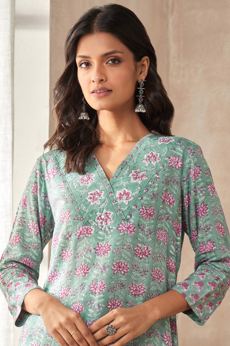 Green Hand Block-Printed Straight Viscose Kurta
