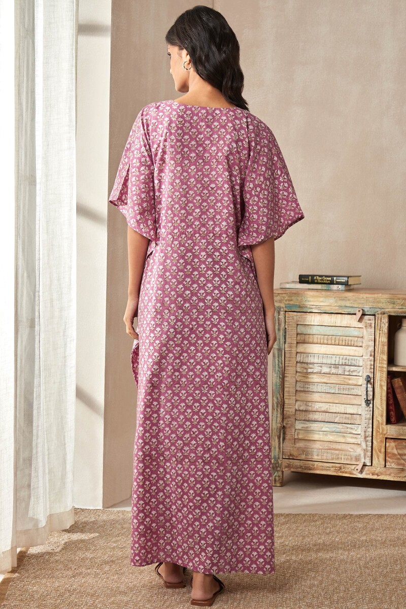 Purple Hand Block-Printed Cotton Kaftan