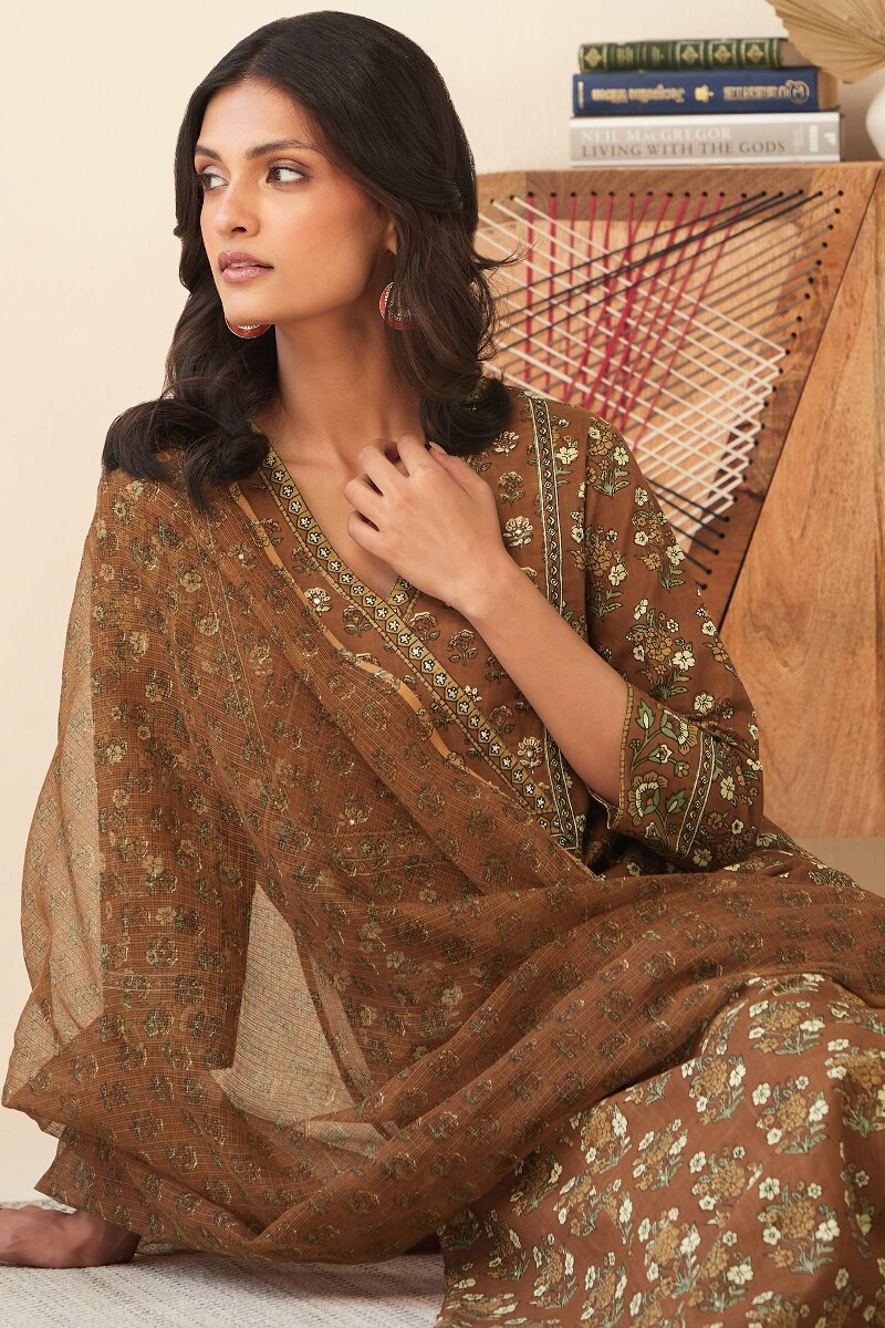 Brown Hand Printed Straight Cotton Slub Kurta