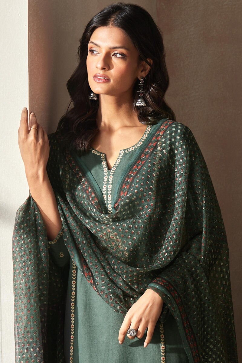 Green Handcrafted Straight Cotton Flax Kurta