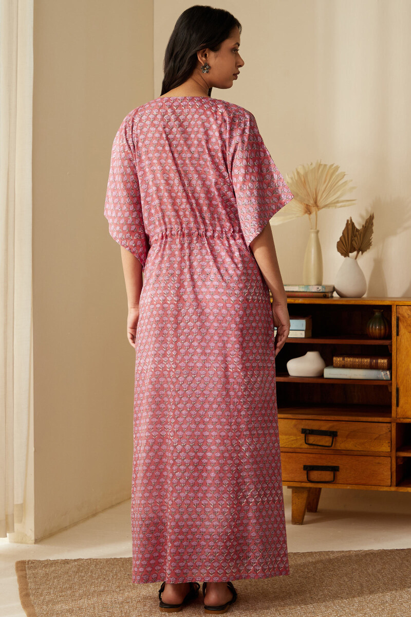 Pink Hand Block-Printed Cotton Mul Kaftan