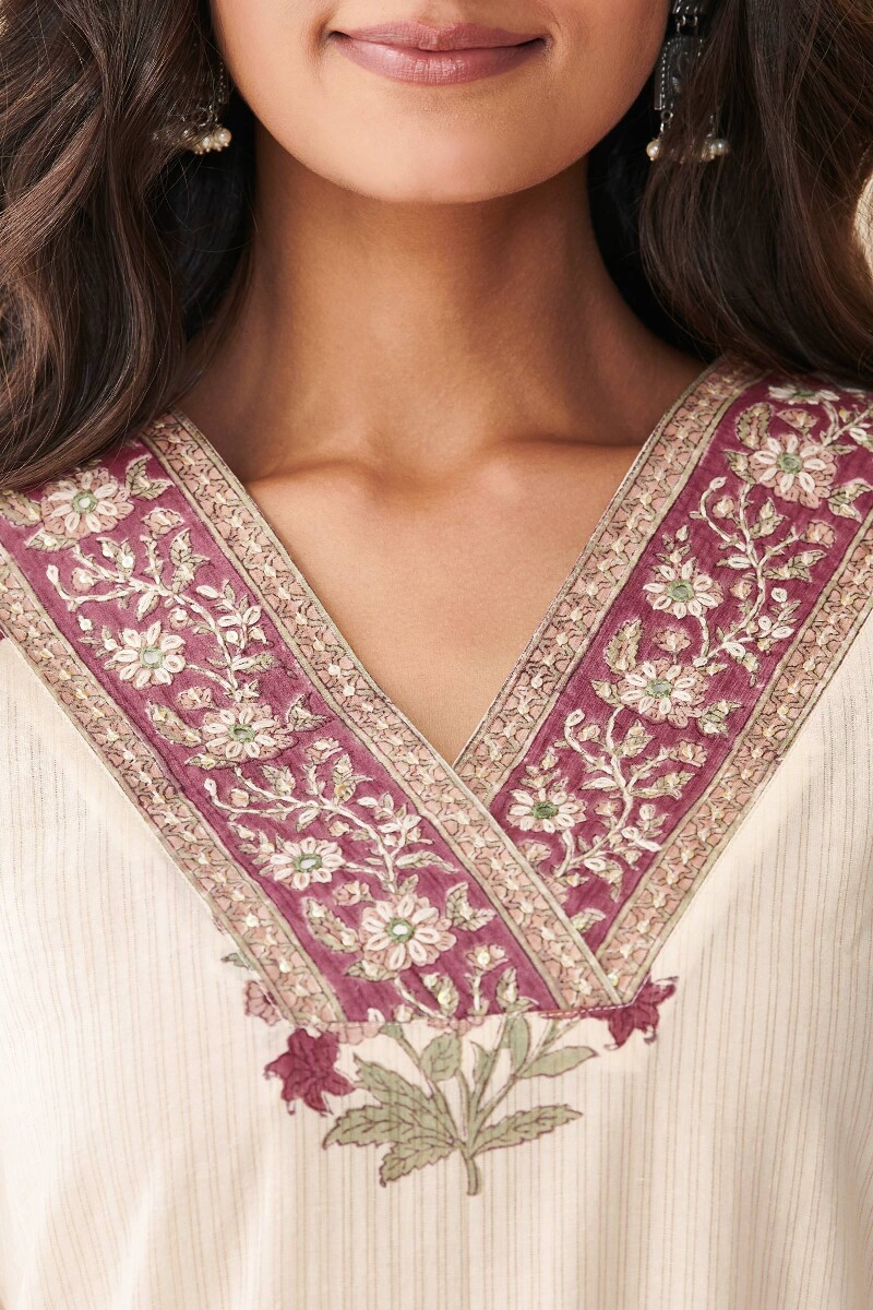 Beige Hand Block-Printed Straight Cotton Dobby Kurta