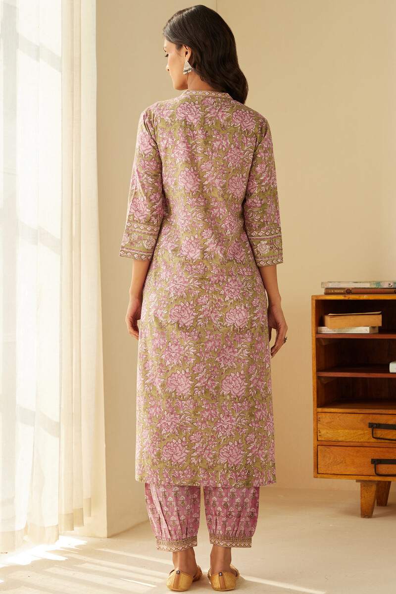 Green Hand Block-Printed Straight Cotton Kurta