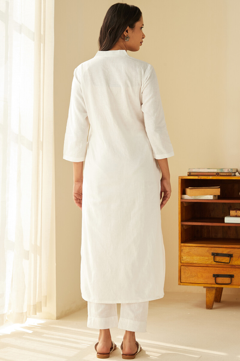 White Handcrafted Straight Cotton Linen Kurta