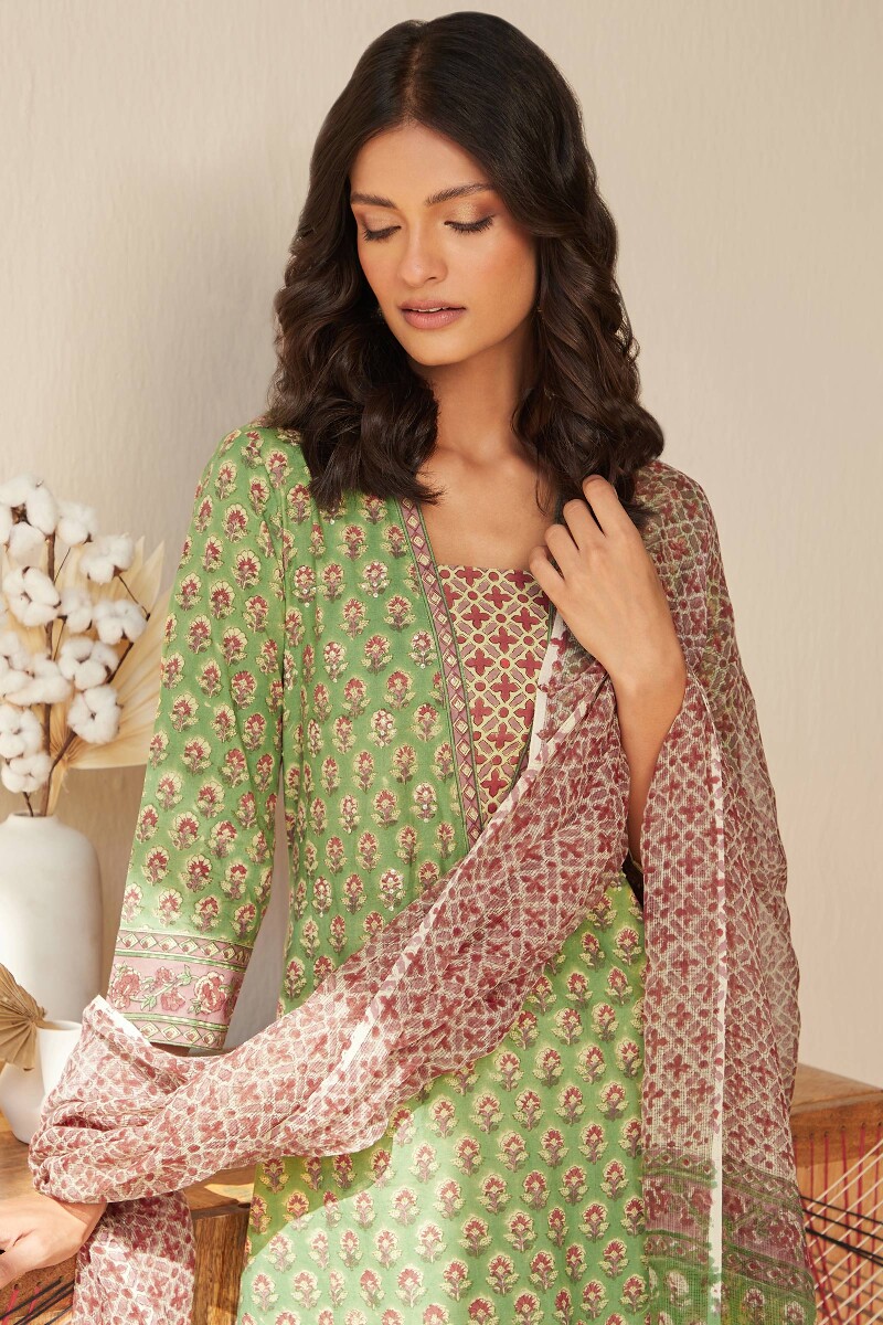 Green Hand Block-Printed Straight Cotton Kurta