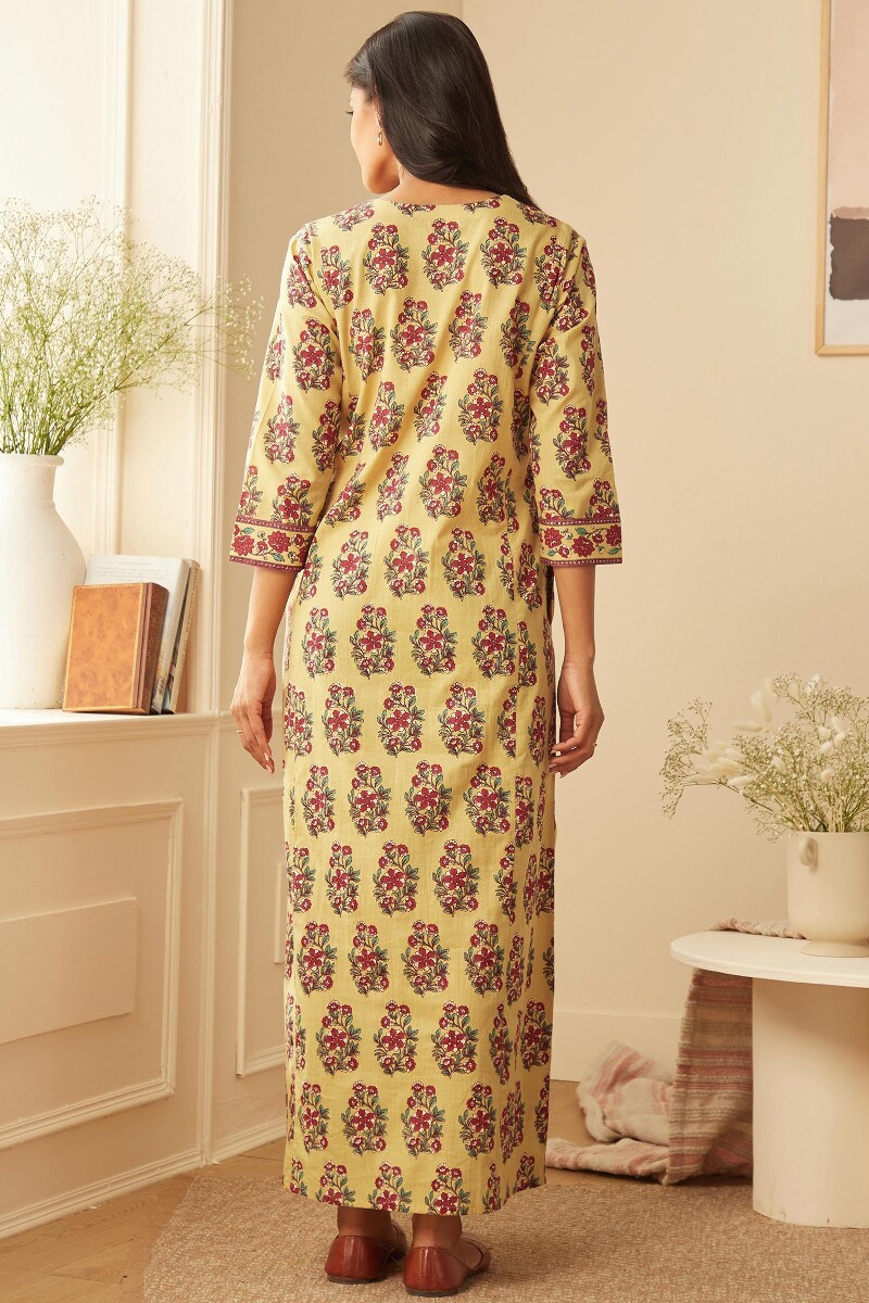 Yellow Hand-Printed Cotton Kaftan
