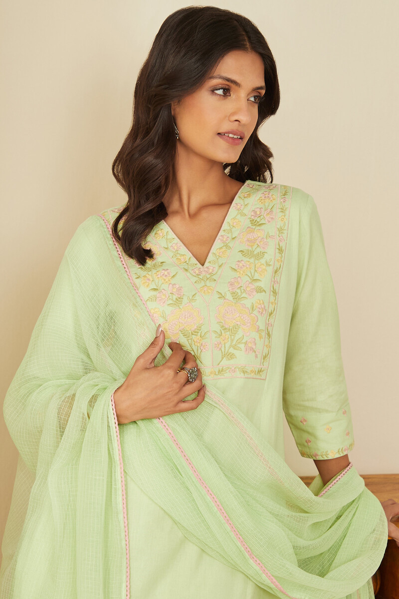Green Handcrafted Straight Cotton Flax Kurta