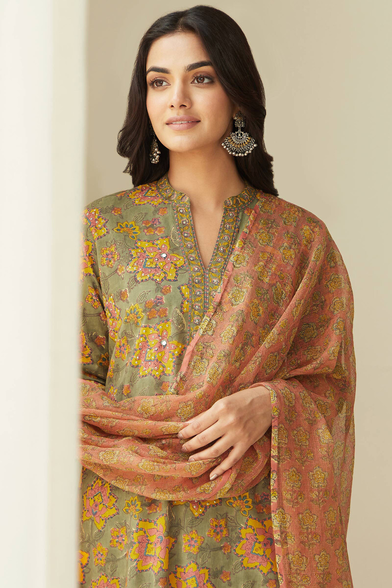 Olive Green Hand Block-Printed Straight Cotton Kurta