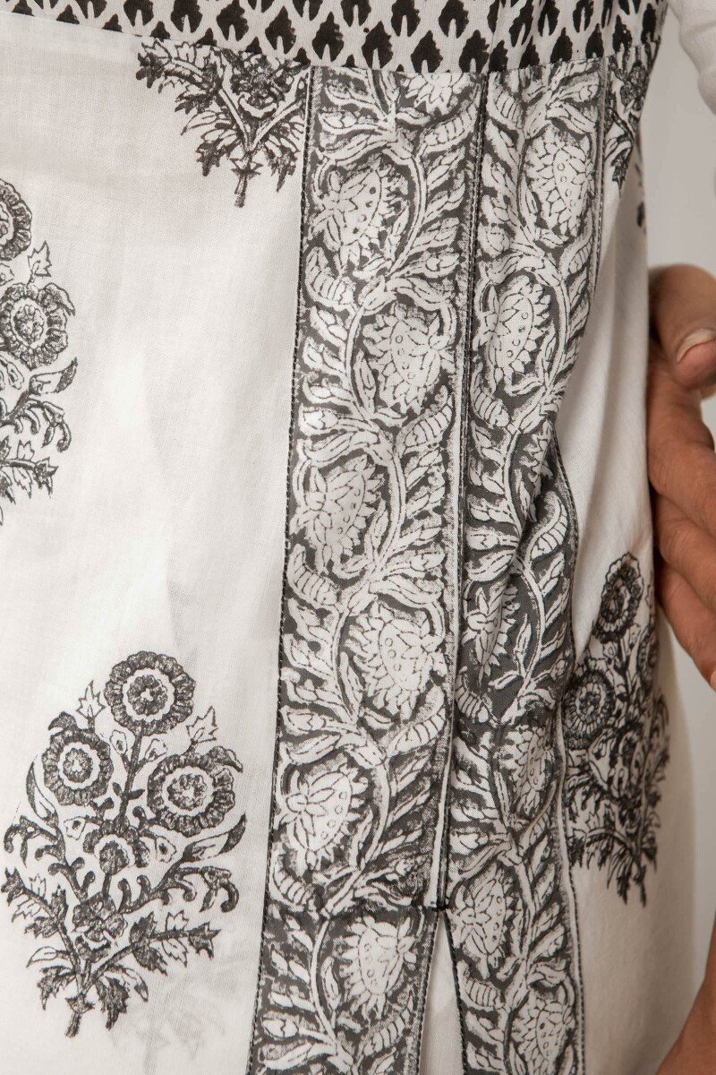 White Hand Block-Printed Straight Cotton Kurta