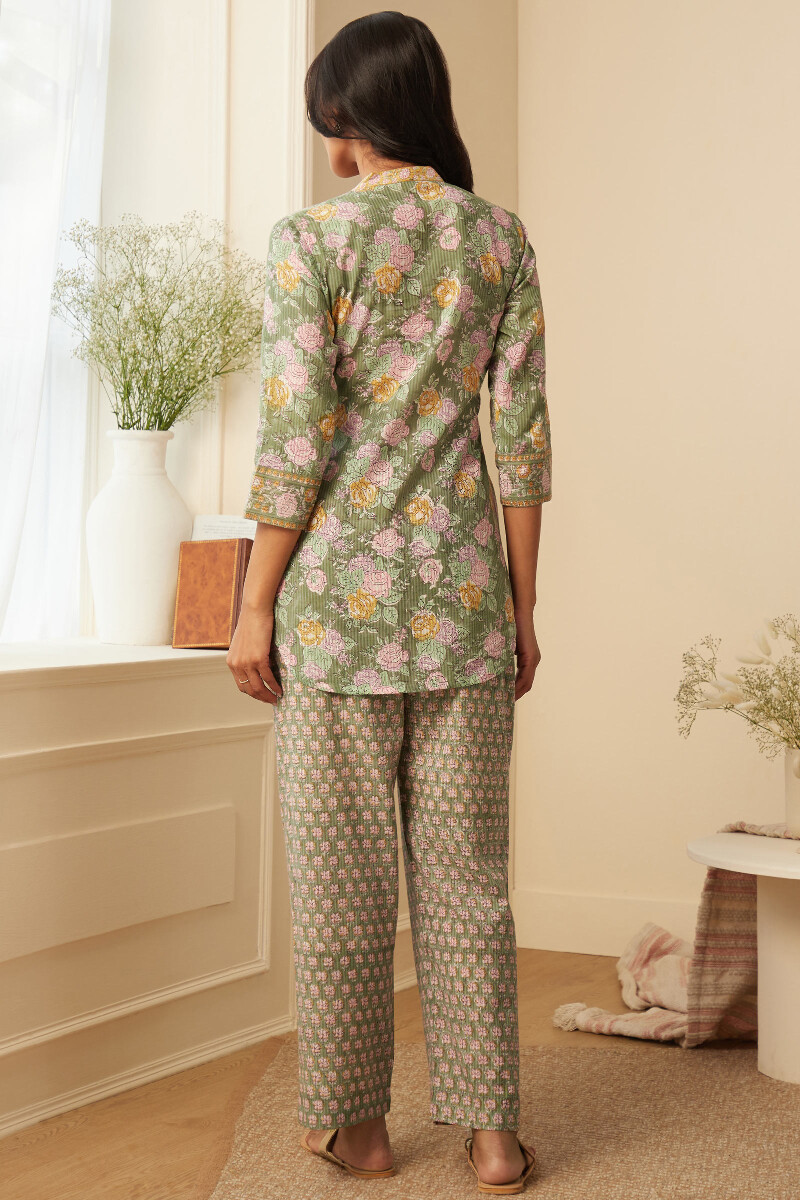 Green Hand Block-Printed Cotton Dobby Loungewear Set