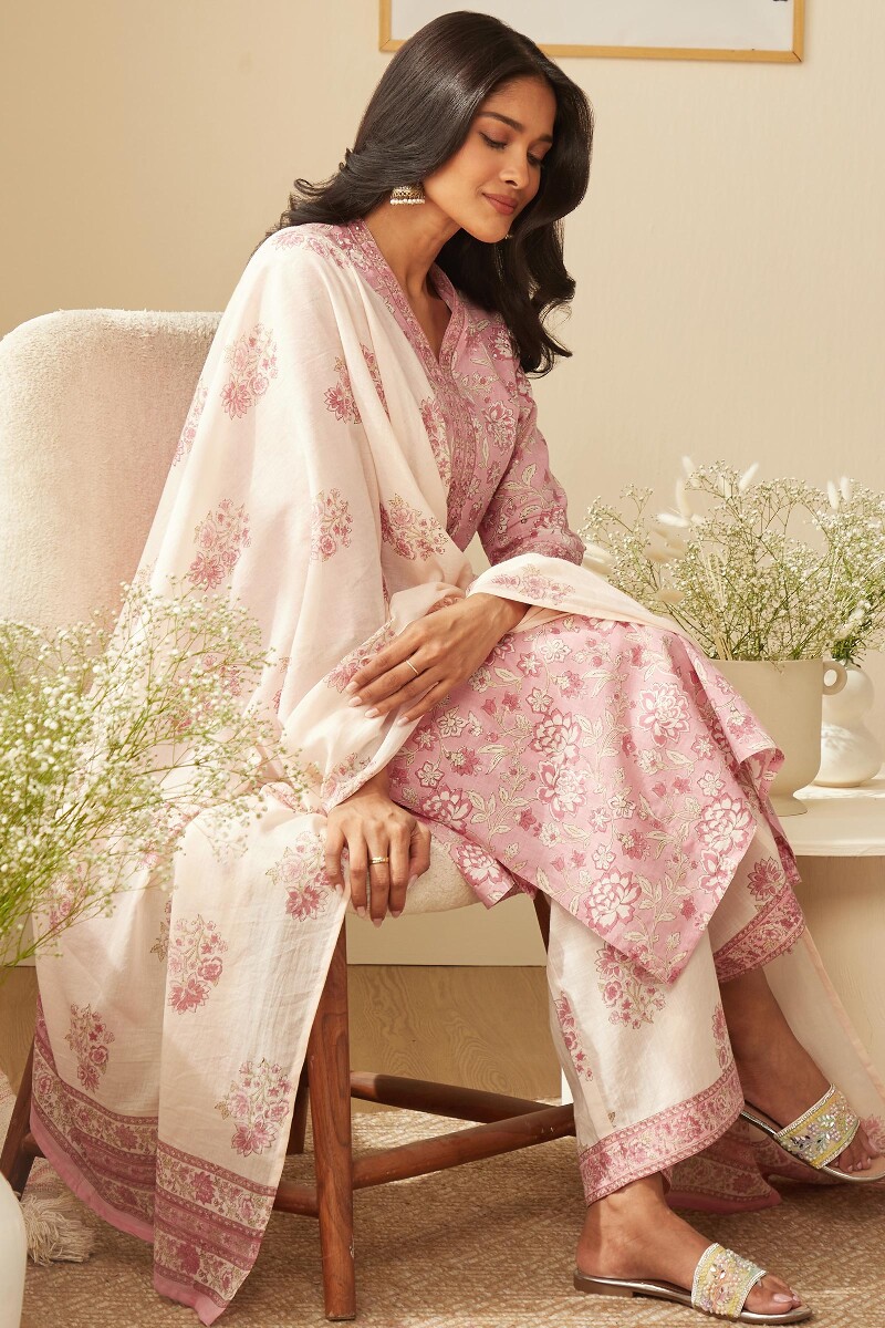 Pink Hand Block-Printed Straight Cotton Slub Kurta
