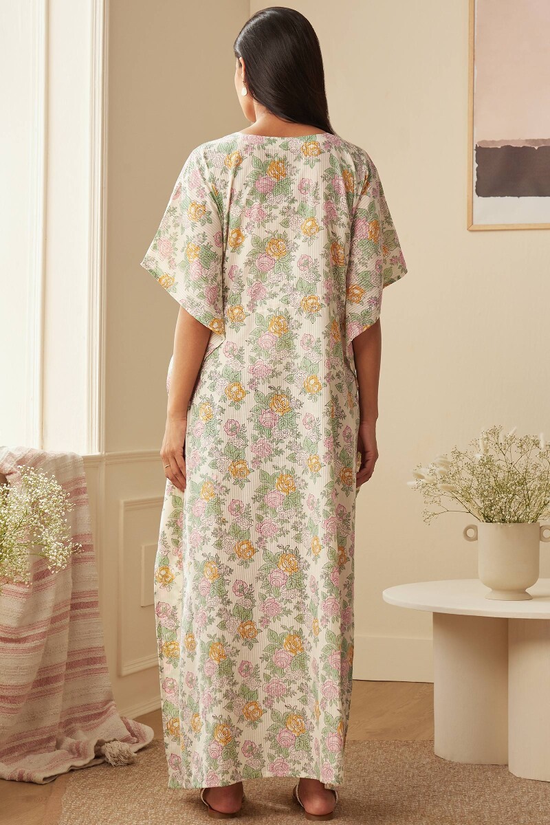 Off-White Hand Block-Printed Cotton Dobby Kaftan