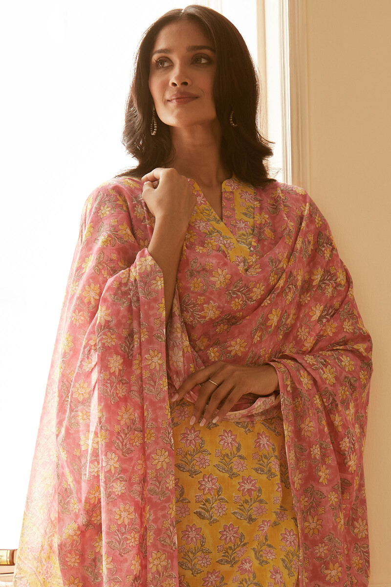 Yellow Hand Block-Printed Straight Cotton Kurta