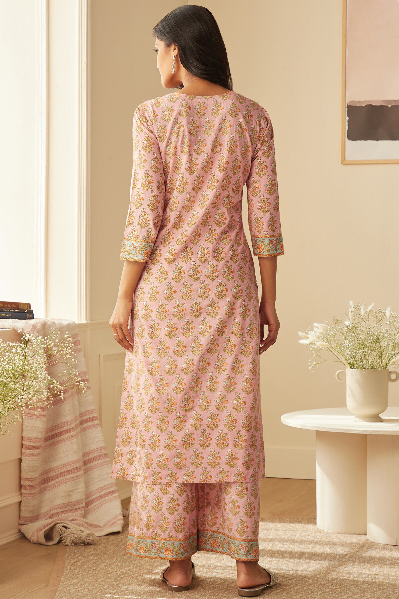 Pink Hand Printed Straight Viscose Kurta