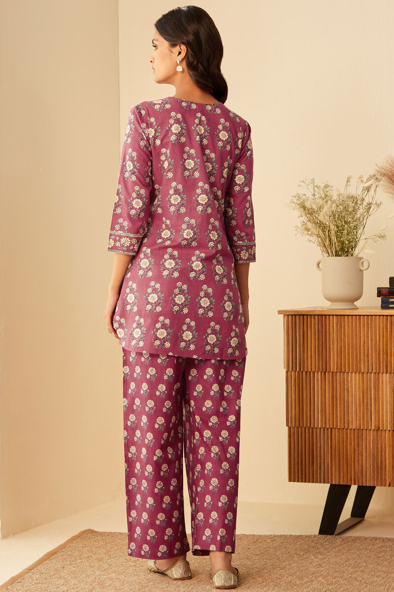 Red Hand Printed Cotton Loungewear Set