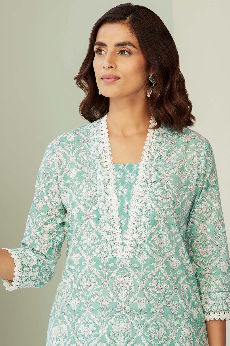 Green Hand Block-Printed Straight Cotton Kurta