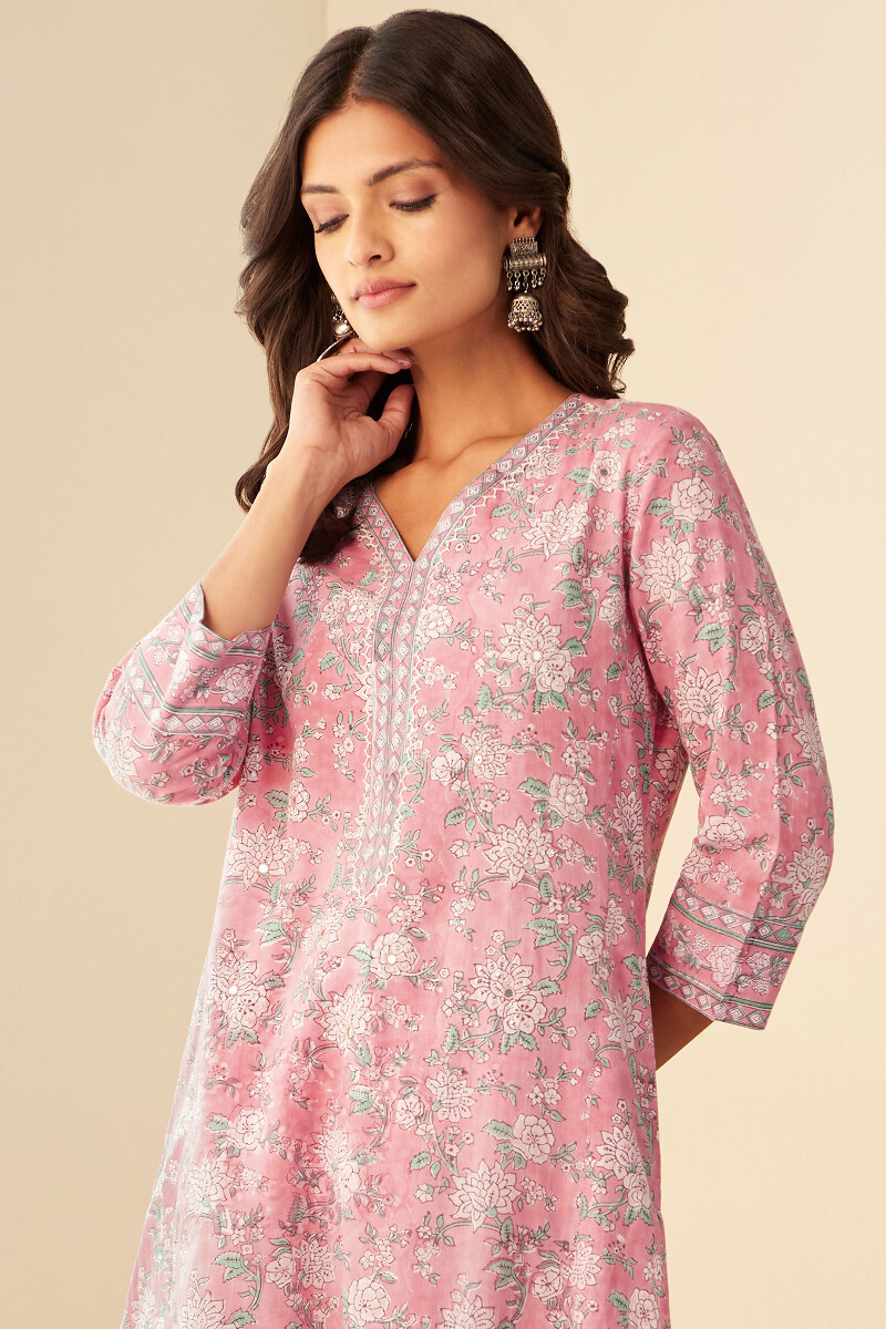 Pink Hand Block-Printed Straight Cotton Kurta