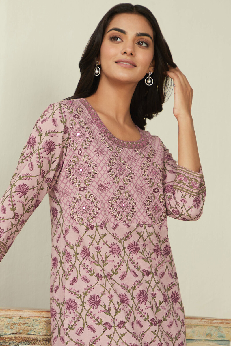 Pink Hand Block-Printed Straight Cotton Kurta