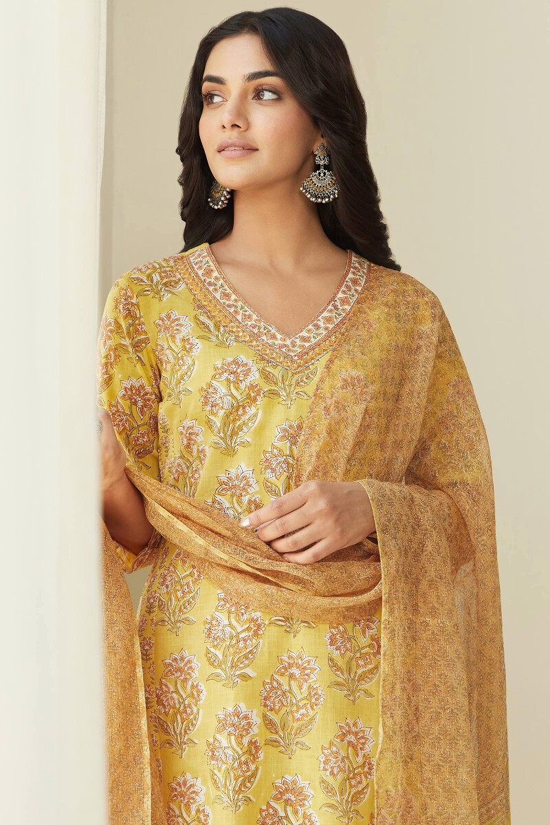 Yellow Hand Block-Printed Straight Cotton Slub Kurta