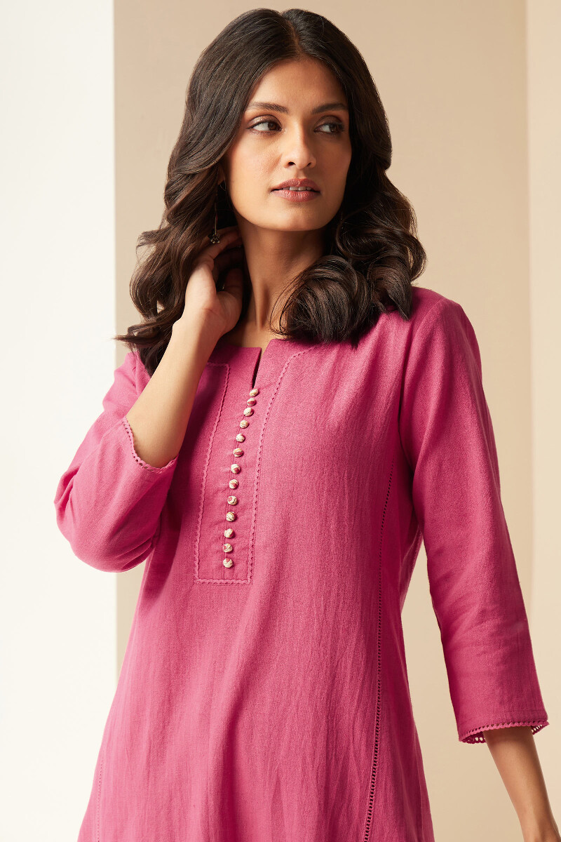 Rose Pink Handcrafted Straight Cotton Flax Kurta