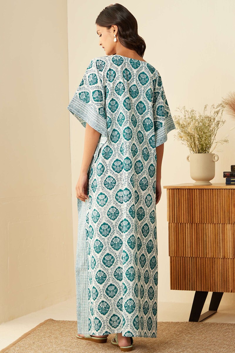 White Hand Printed Cotton Slub Kaftan