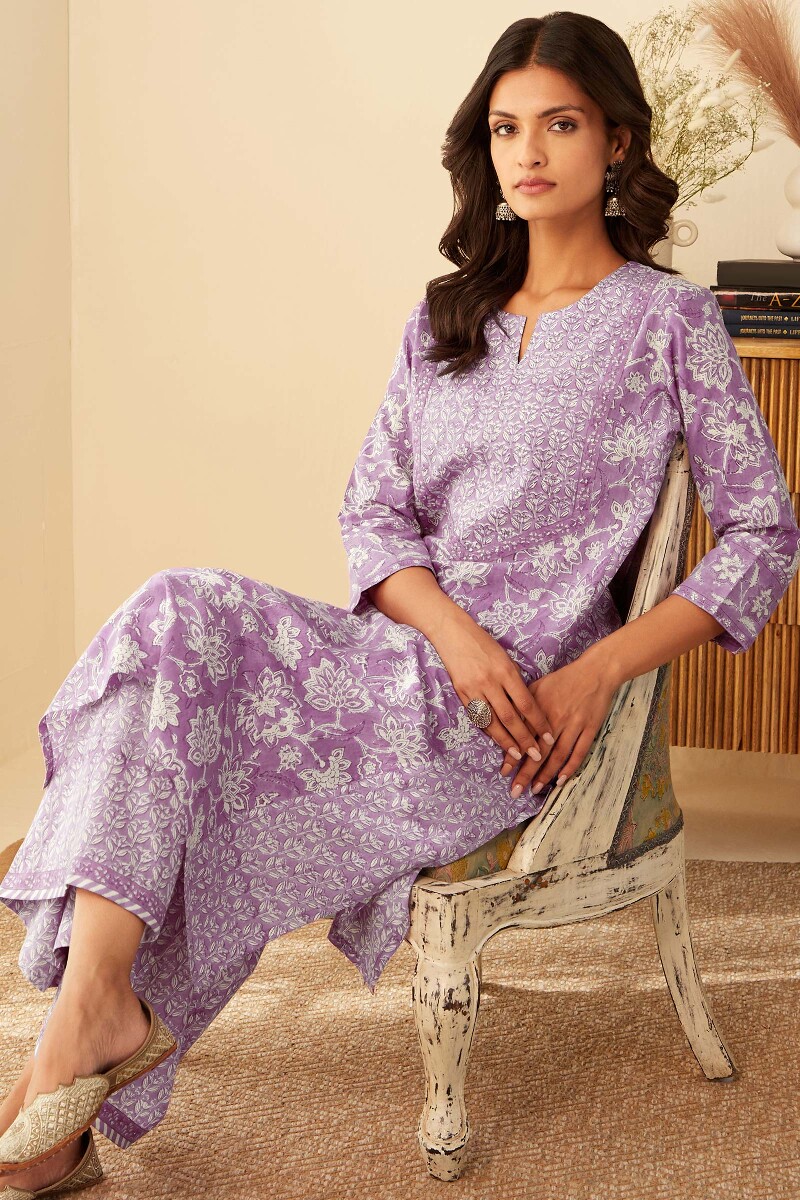 Purple Hand Block-Printed Straight Cotton Kurta